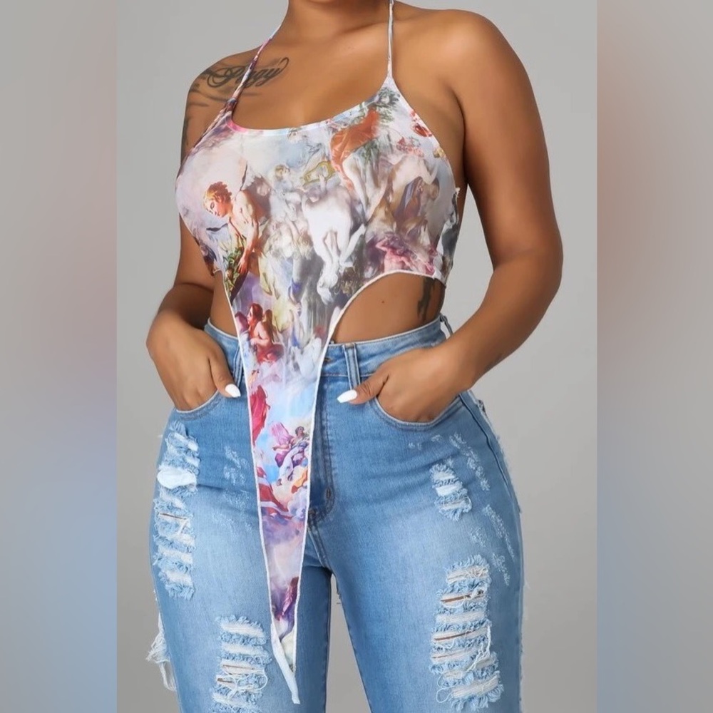 Mesh Renaissance Print Crop Top